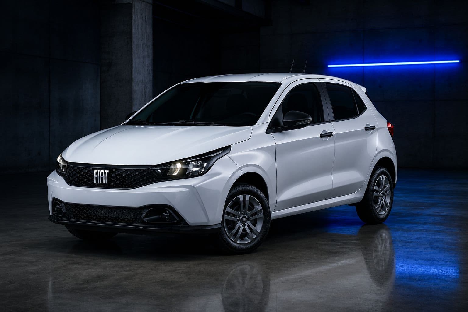 Fiat Argo branco em galpão de concreto com faixa de luz azul ao fundo