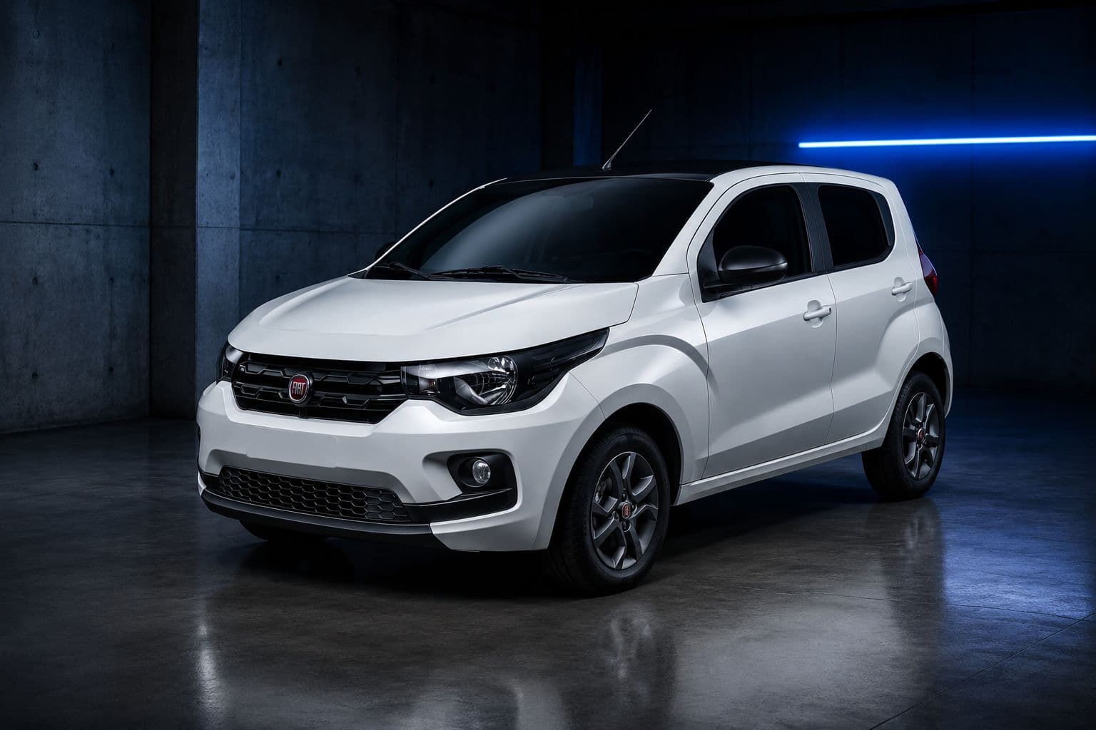 Fiat Mobi branco em galpão de concreto com faixa de luz azul ao fundo