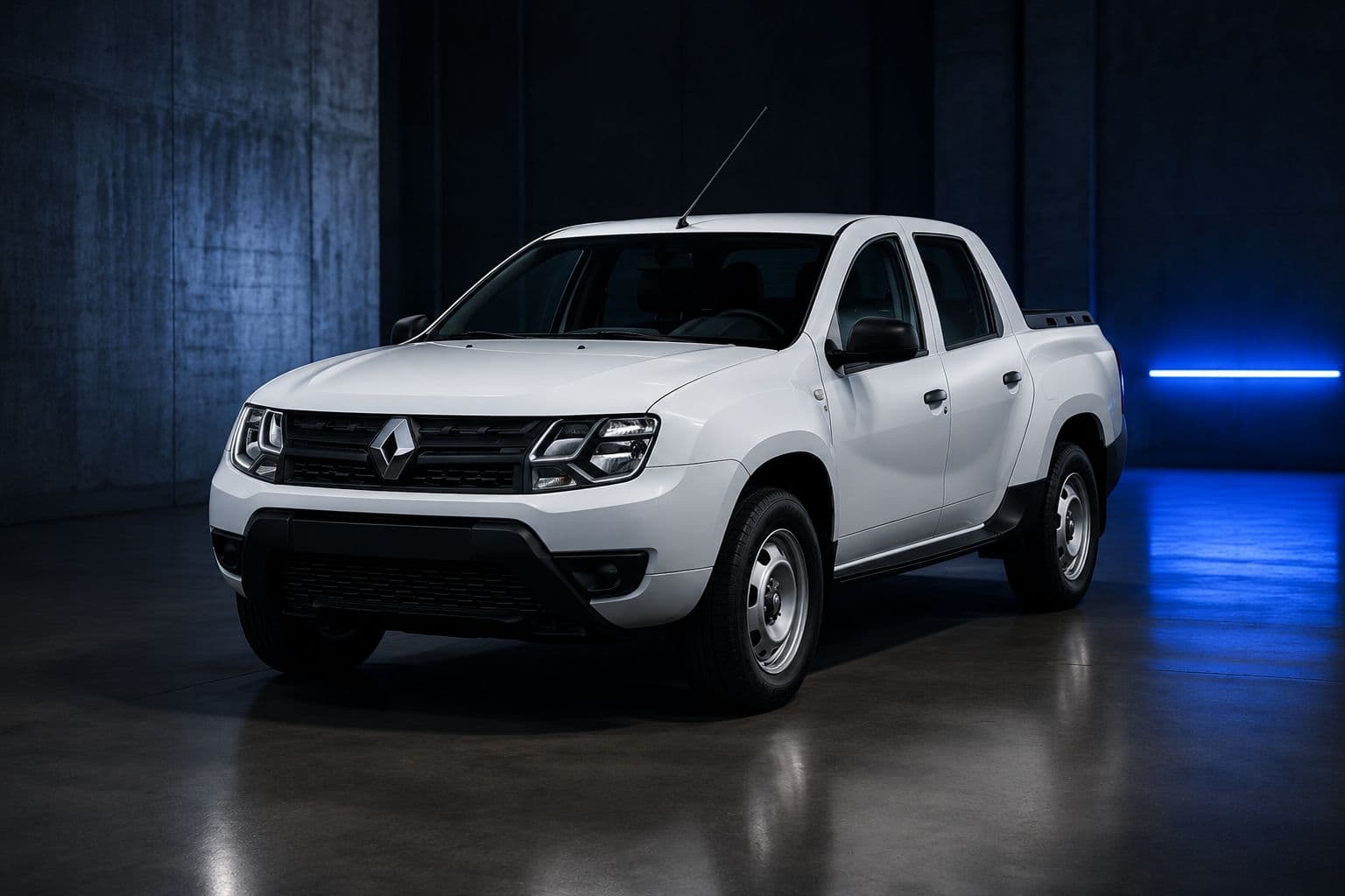 Renault Oroch cabine dupla branca em galpão de concreto com faixa de luz azul ao fundo