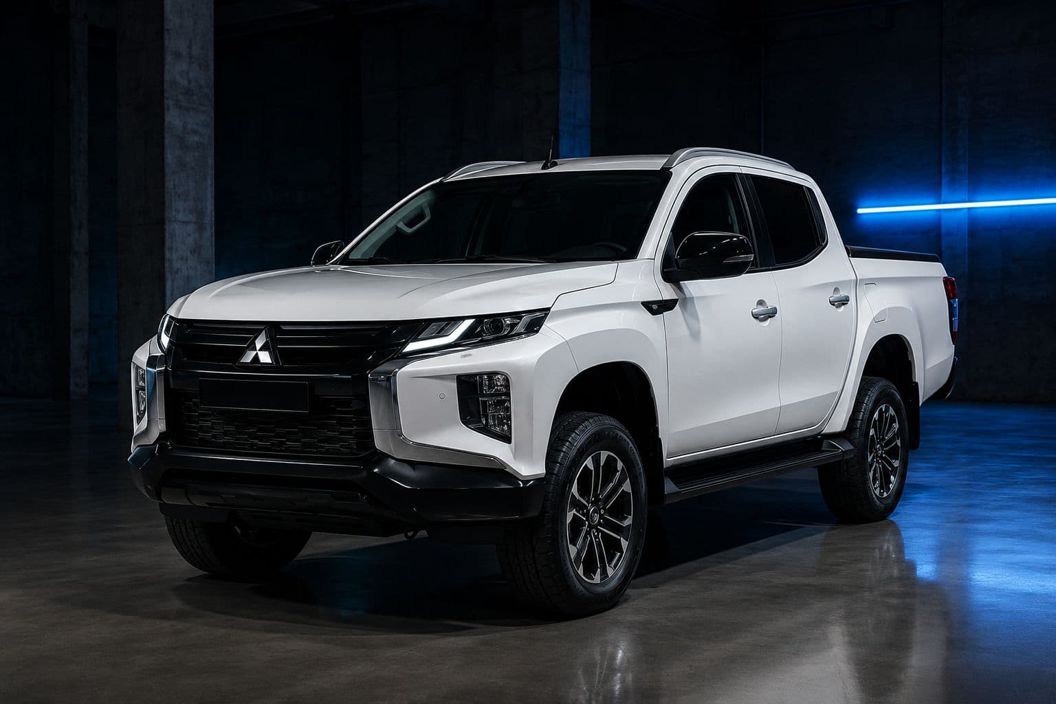Mitsubishi Triton cabine dupla branca em galpão de concreto com faixa de luz azul ao fundo
