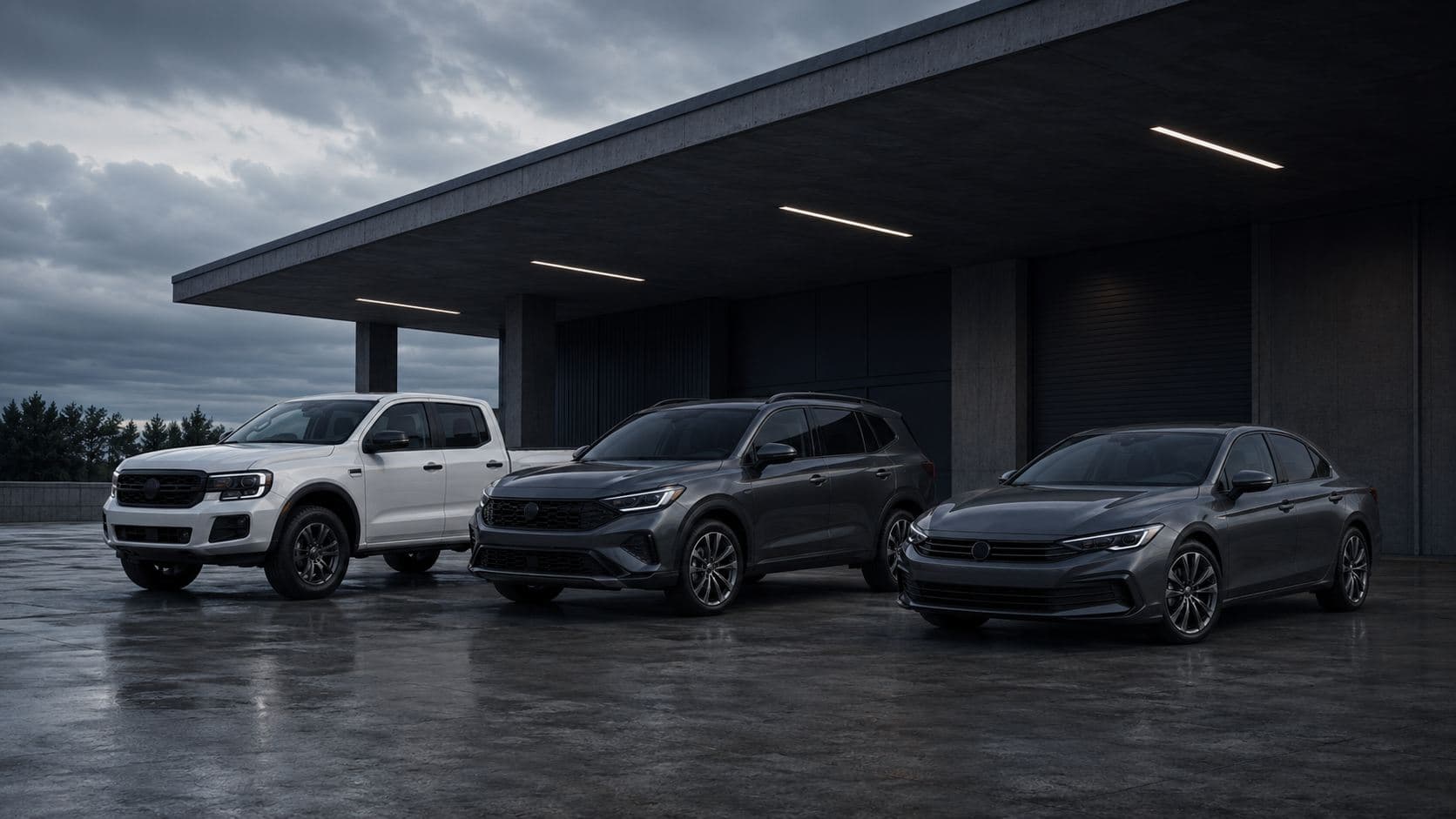 Caminhonete, SUV e sedã estacionados sob marquise de concreto